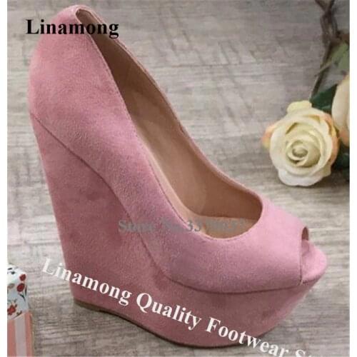 Linamong Western Fashion Peep Toe High Platform Wedge Pumps Pink Black Slip-on Suede Leather Wedges Height Increased Heels