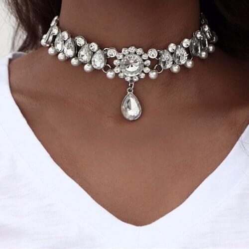 Boho 9 Colors Luxury Rhinestone Pearl Water Drop Pendant Choker Necklace for Women Sexy Crystal Collar Choker Statement Necklace
