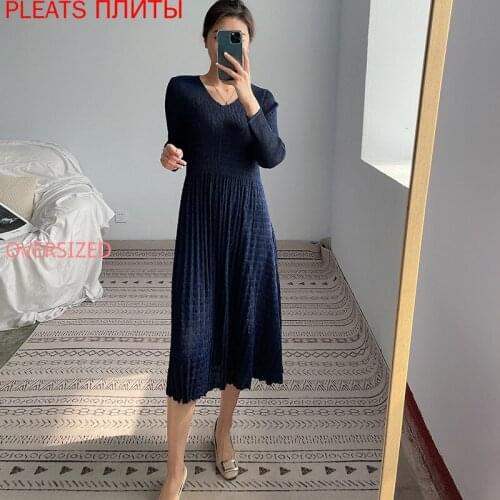 Miyake Pleated V-neck Large Size Dress Spring New Temperament Show Thin and Versatile Mid-length Pleated Vestido De Mujer Robes