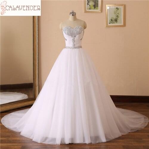 White Beaded Wedding Dresses Sweetheart with Rhinestones vestidos de novia Lace Up Back Court Train Wedding Gowns