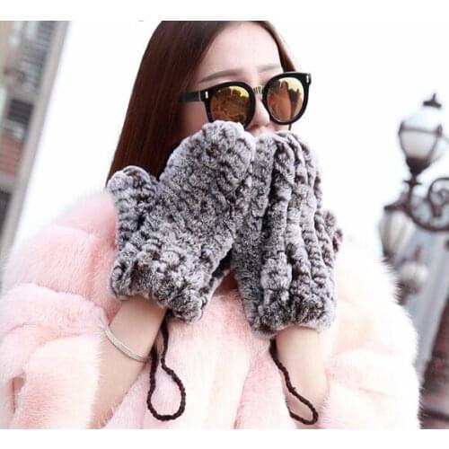 Real Rex Rabbit Fur Knitted Winter Warm Gloves Mittens with Hanging String Fashion for Women Female Black Coffee