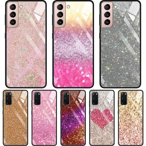 Bling Glitter Pink Gold Shining Flash Glass Case For Samsung Galaxy S21 S20 Ultra S10 Plus Lite S20FE 5G S10e S9 S8 Shell Funda
