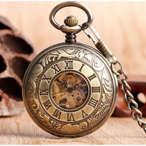 Bronze Double Open Face Watches Skeleton Superb Carving Roman Number Hand Winding Mechanical Pocket Watch Copper Men Women Gift