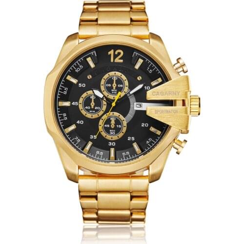 Golden Mens Watches Top Brand Luxury CAGARNY Quartz Watch Men Sport Military Full Steel Strap Male Watches relogio masculino