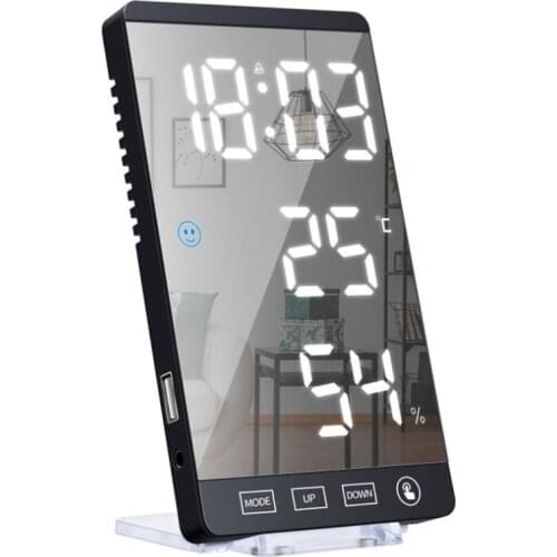 6 Inch LED Mirror Alarm Clock Touch Button Wall Digital Clock Time Temperature Humidity Display USB Output Port Table Clock