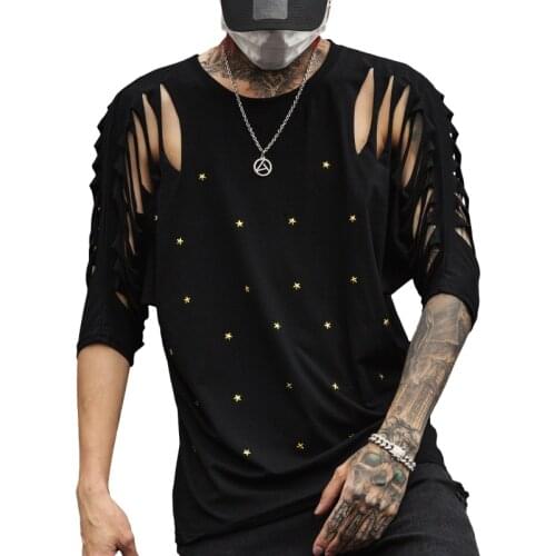 Summer Mens sexy t shirts Batwing sleeves Hollow nets Black color gay tshirt Rock style