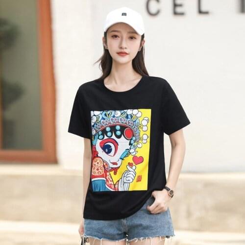 Womens Summer New Loose Personalized Fashion Black Peking Opera Printed T-shirt Short Top