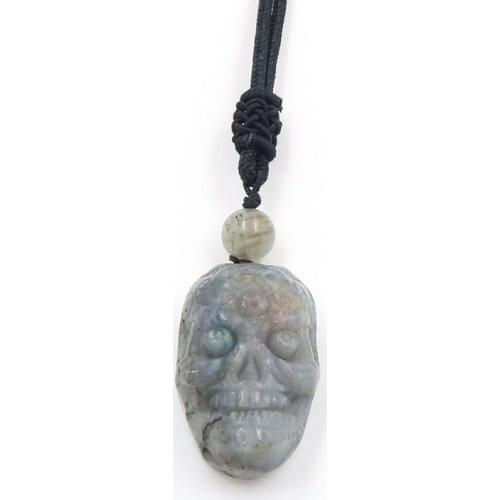 FYSL Handmade Weave Skull Head Labradorite Stone Pendant Rope Chain Necklace for Halloween Gift Jewelry