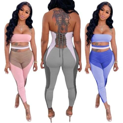 Casual Off the Shoulder Color Block Patchwork Jumpsuit Women Summer Sexy Backless Lace Up Bandage Leggings Slim Romper Overalls