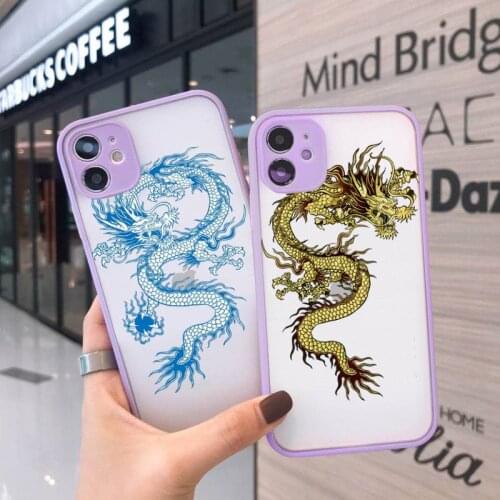 Chinese dragon cool Phone Case For iPhone 12 11 Mini Pro XR XS Max 7 8 Plus X Matte transparent Purple Cover