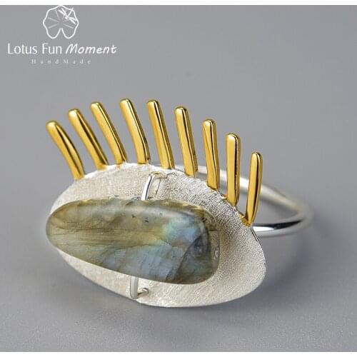 Lotus Fun Moment Real 925 Sterling Silver Handmade Natural Stone Fashion Jewelry Adjustable Ring Golden Eyelashes Ring for Women
