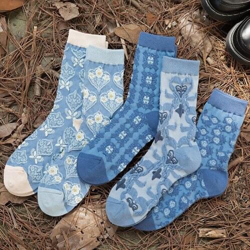 Fashion Women Cotton Socks Japanese Style Ethnic Female Lady Blue Long Socks Harajuku Retro Flower Girls Kawaii Cute Woman Socks