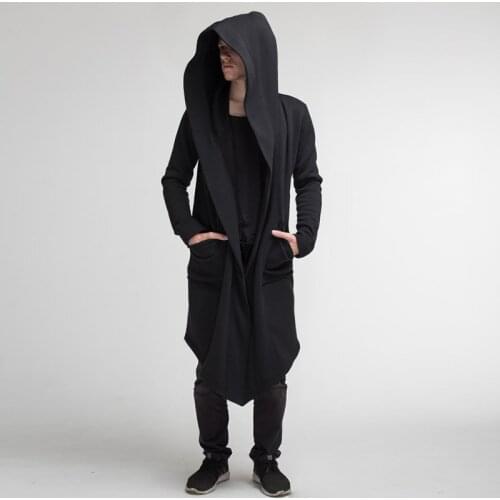 Mens Long Draped Hooded Cardigan with Two Pockets Long Sleeve Loose Casual Longeline Sweatshirt for Autumn Winter XIN-Shipping