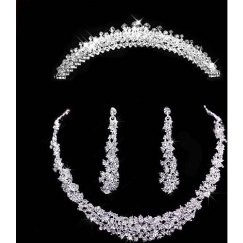 Silver Plated Crystal Bridal Jewelry Sets Tiara Crown Earrings Necklace Set Women Rhinestone Pageant Jewelry Set Hair Ornaments