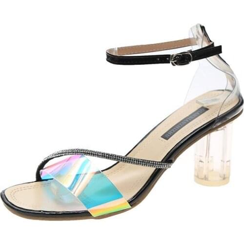 Crystal Sandals Slippers Womens New Transparent French Word Belt Sandals Fairy Style High-heeled Thick Heel Summer