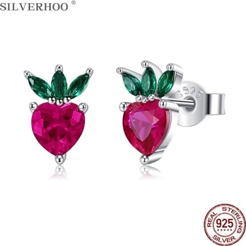 SILVERHOO S925 Sterling Silver Earring For Women Strawberry Design Stud Earring Fruit Shape Fine Jewelry Hot Selling Dating Gift