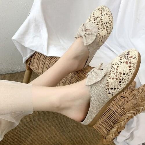 Apanzu women fashion Cotton linen flat shoes breathable bow tie flat shoes lady casual street shoes Sweet beige shoes cute shoes