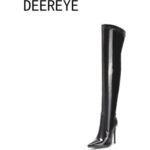 Womens Winter Stretch Patent Leather Stiletto Over The Knee Thigh High Boots Wedge Heel 12CM Point Toe Side Zipper Sexy Party