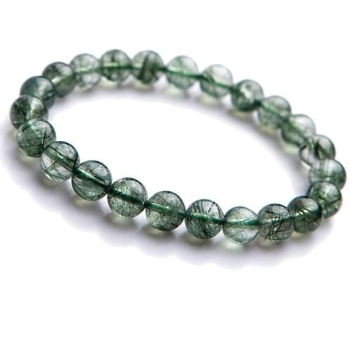 Genuine Natural Green Rutilated Quartz Women Femme Charm Stretch Round Crystal Bead Bracelet 8mm