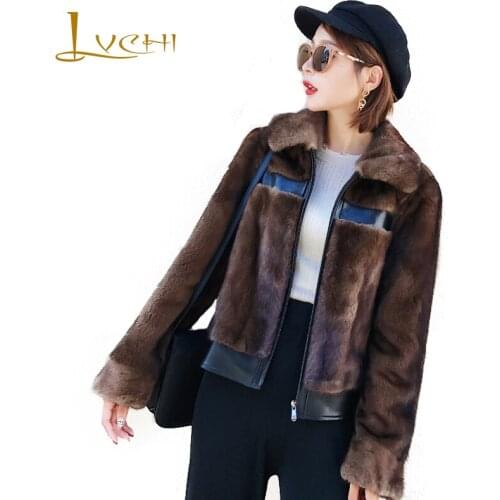 LVCHI Winter 2019 Import Velvet Real Mink Fur Coats Womens Coat Full Pelt Causal Turn-Down Collar Patchwork Leather Mink Coats