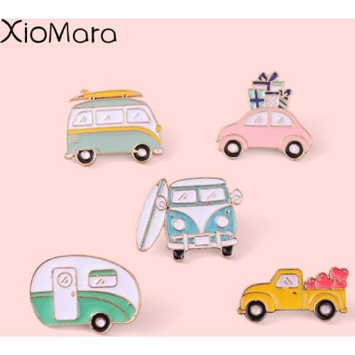 Cartoon Pink Love Car Camper Enamel Pins Badge Travel Bus Brooches For Lovers Friend Kid Cute Bag Clothes Lapel Pin Jewelry Gift