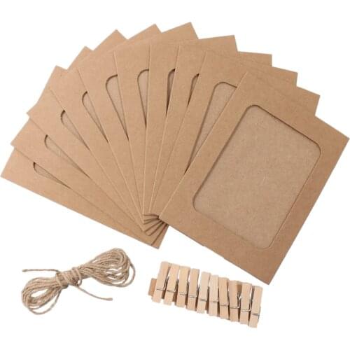 10x Paper Photo Picture Frame Wall Hanging Album With Rope Clips Khaki Hanging Wall Kraft Paper DIY Project Embellishments