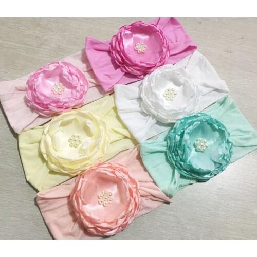 30pcs/lot Oversized Burned Flower On Wide Nylon Headband For Girls Elastic Turban Head Wraps Kids Hair Accessories