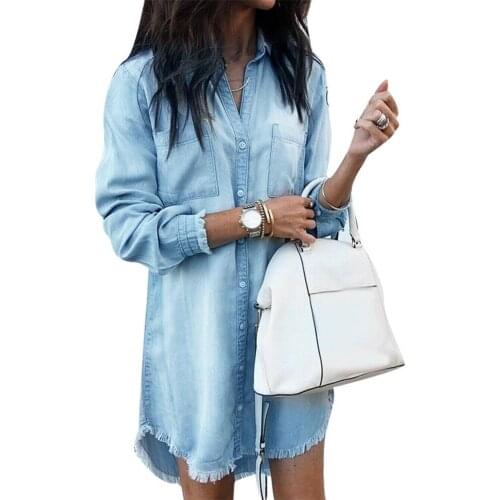 80% Hot Sales!!! Office Lady Turn Down Collar Buttons Long Sleeve Fringe Denim Shirt Mini Dress