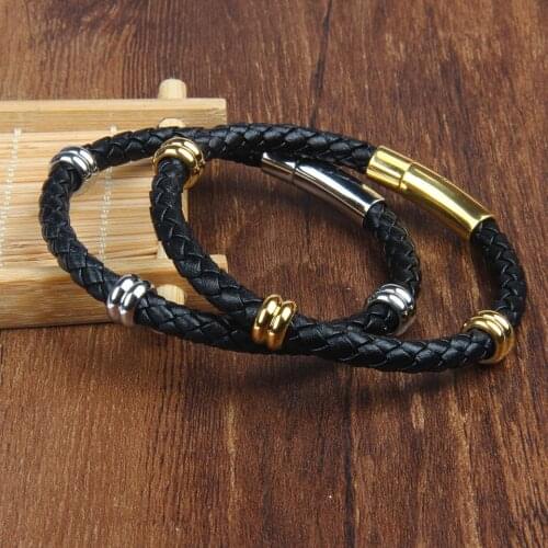 New Brand Genuine Leather Bracelet Magnetic Buckle Stainless Steel Accessories Charm Hand Made Bangles Men Fashion Present