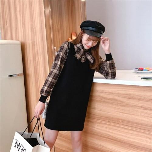 Bow Neck Long Sleeve Autumn Winter Women Long Sweater Fake 2 Pcs Sweater Jumpers 2020 Loose Plaid Womens Pullover Sweater Dress