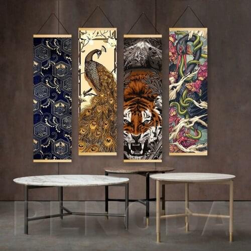 Home Decor Wall Art Classic Abstract Animals Print Canvas Painting Solid Wood Hanging Scrolls Modern Bedroom Poster Nordic Style