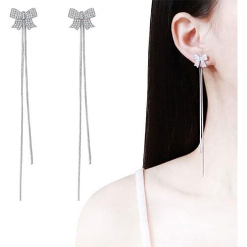 Dual-Use Ear Studs Detachable Bow Long Tassel Pendants Drop Earrings For Women Statement Personality Ear Jewelry 925 Silver Pin