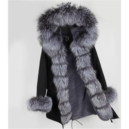 FURTJY parka winter jacket women big natural real fox fur collar warm thick Silver PU parkas outerwear winter coat women