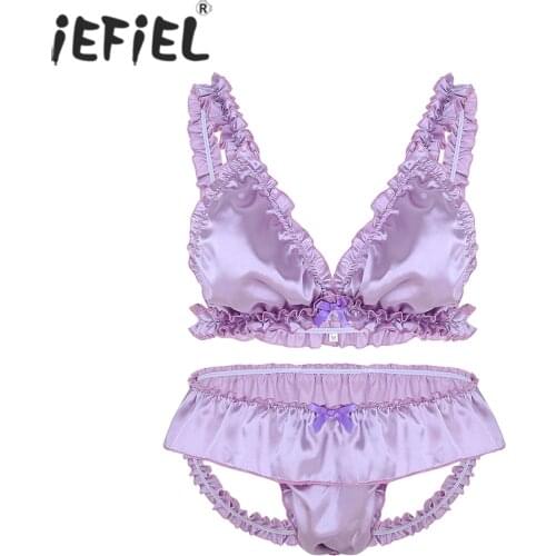 Mens Sissy Lingerie Set Satin Sissy String Homme Gay Male Panties Elastic Frilly Ruffled Bra Top with Open Butt Briefs Underwear