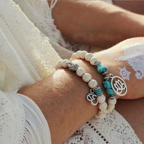 Set of Two Bracelets Hand Pieces Natural White Beads Antique Silver Buddha Lotus Ohm Pendant Bohemian Boho