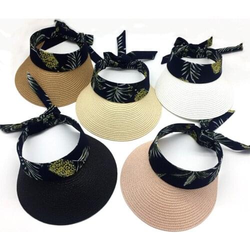 Natural Pink Sun Protective Beach Cap Elastic Band Floral Printed Straw Visor Hat Girls Women Summer White Straw Visor Cap Hat