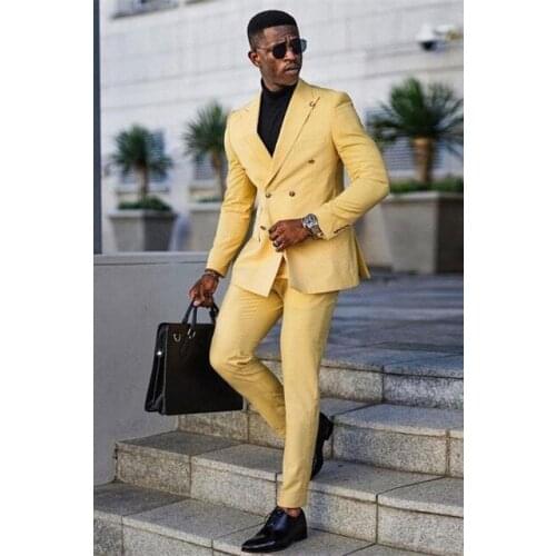 New Arrival Slim Fit Man Suit Yellow Peak Lapel Business Casual Tuxedo 2 Pcs(Jacket+Pant)Custom Made Wedding For Man Suit