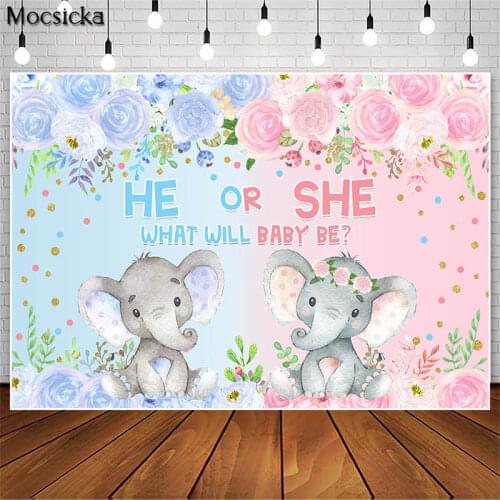 Gender Reveal Backdrop Blue and Pink Elephant Flower Photography Background Photo Studio Baby Shower Birthday Party Decor Poster