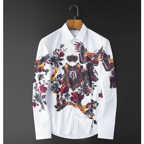 Lux Print Shirt Men Long Sleeve Slim Casual Shirt Men Business Dress Shirt Streetwear Party Groom Chemise Homme Flower Shirt Men