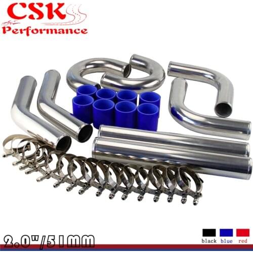 TURBO INTERCOOLER PIPE 2" CHROME ALUMINUM PIPING+T-CLAMPS+SILICONE HOSES BLUE