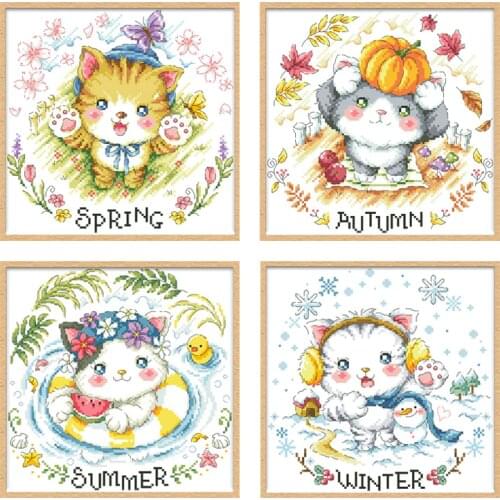Four Seasons Kittens Cross Stitch Patterns Embroidery Kits Printed Fabric Needlework 11CT 14CT DIY Craft Set Home Decor Painting