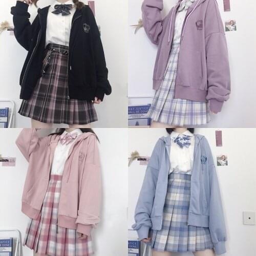 Japanese JK solid color hoodie jacket Korean kawaii womens clothing all-match embroidery jacket cute sweet Harajuku jacket