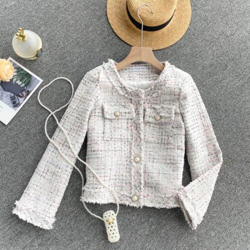 WIGADFHK 2021 Fall/Winter Checkered Tweed Jacket Womens Fringe Trimmed O-Neck Long Sleeve Cardigan Casual Jacket