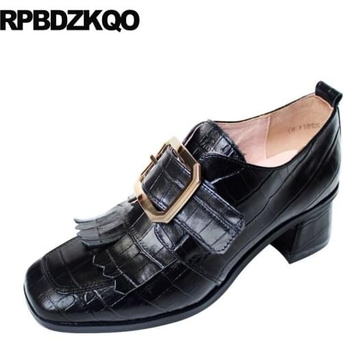 Genuine leather black size 33 ladies metal square toe handmade fringe tassel luxury fashion shoes brand thick snakeskin 2019