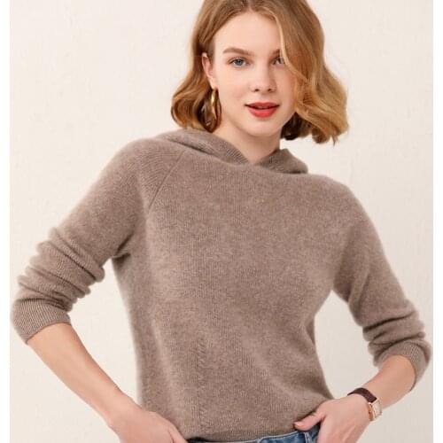 Womens pullover 2021 winter new 100% wool casual cashmere sweater with hood collar plus size solid color ladies knitted top