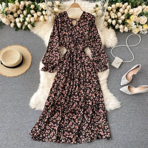 2021 French Spring Summer Womens Floral Chiffon Dress Femme Robe Long Sleeve Fashion Sexy V-Neck Vintage Dress Korean Clothing