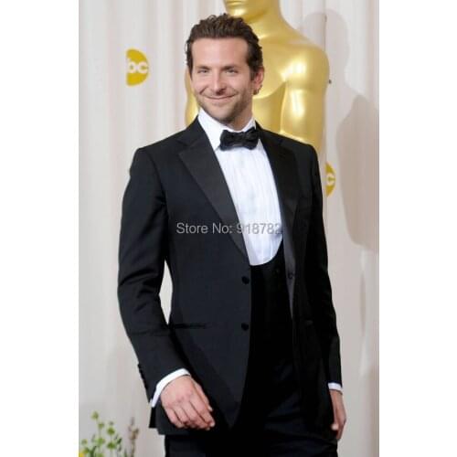 2018 Custom Made Tailored Groom Suit Peaked Lapel Wedding Party Suit Mens Tuxedo Black Suits Bridegroom (Jacket+Pants+Vest+Bow)