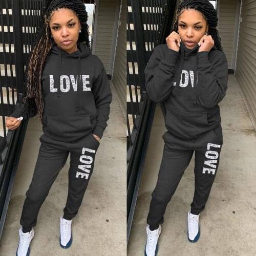66BN130 Autumn Winter Women Casual Fashion Solid Letter Print with Hood Sports Two Piece Set Tracksuit Sweatsuit Outfits Hot