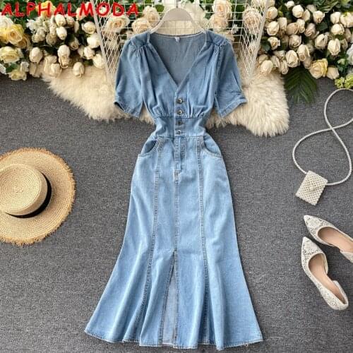 ALPHALMODA Fashion Denim Dresses