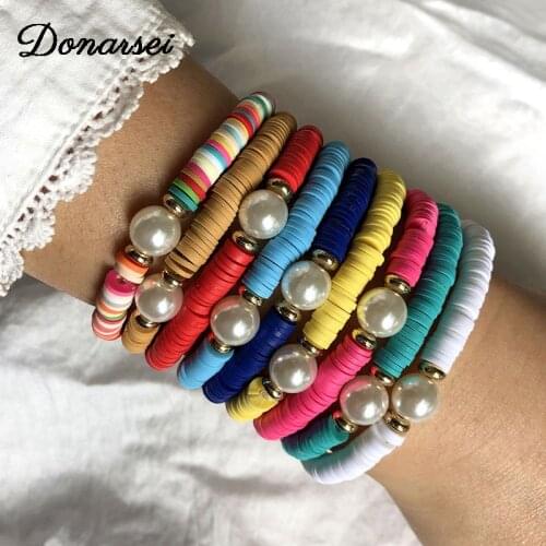 Donarsei 6mm Bohemian Colorful Clay Bracelets For Women Beach Charm Pearl Elastic Soft Pottery Female Bracelet Boho Jewelry